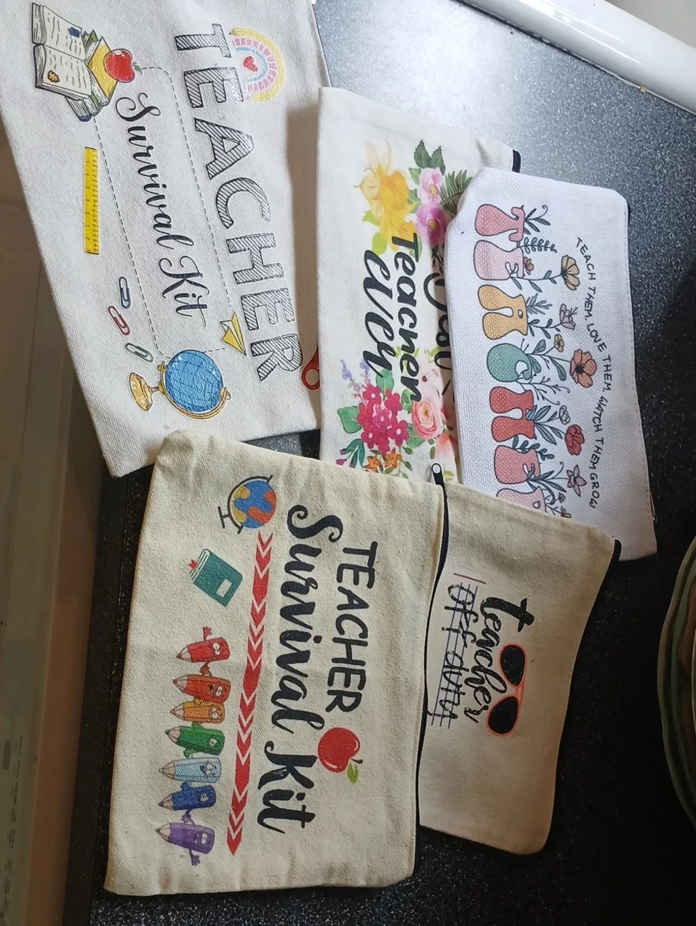 Canvas Teacher Survival Kit Pouch – Neutral with Colorful Prints
